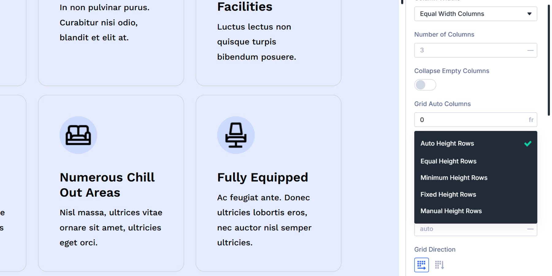 A screenshot of the row heights options in the dropdown in Divi 5