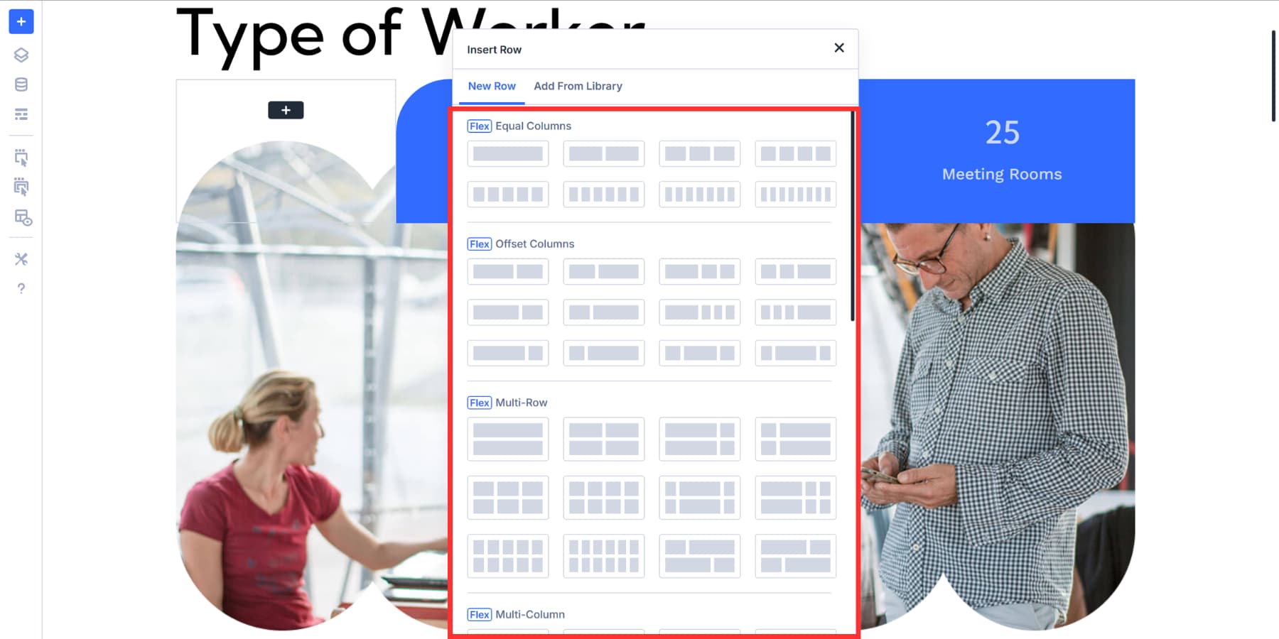 A screenshot of various flex layout options available with the flex badge in Divi 5