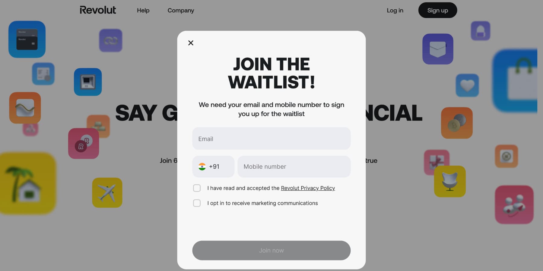 A screenshot of waitlist popup on Revolut's website