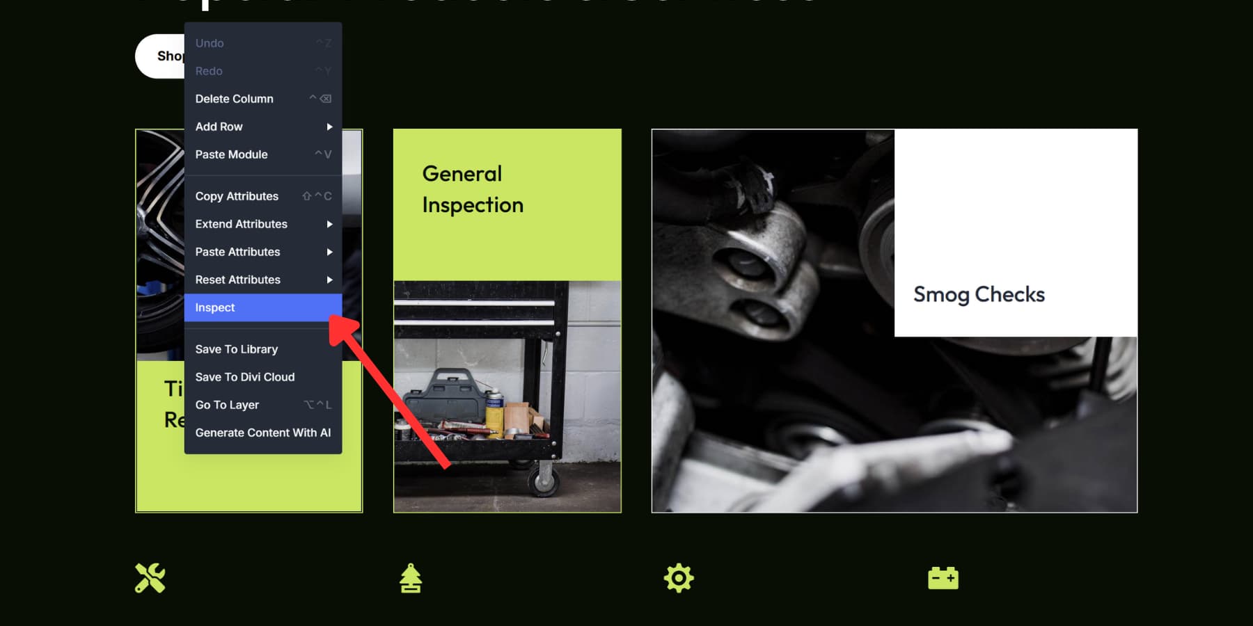 A screenshot of where to find the inspect option in Divi 5