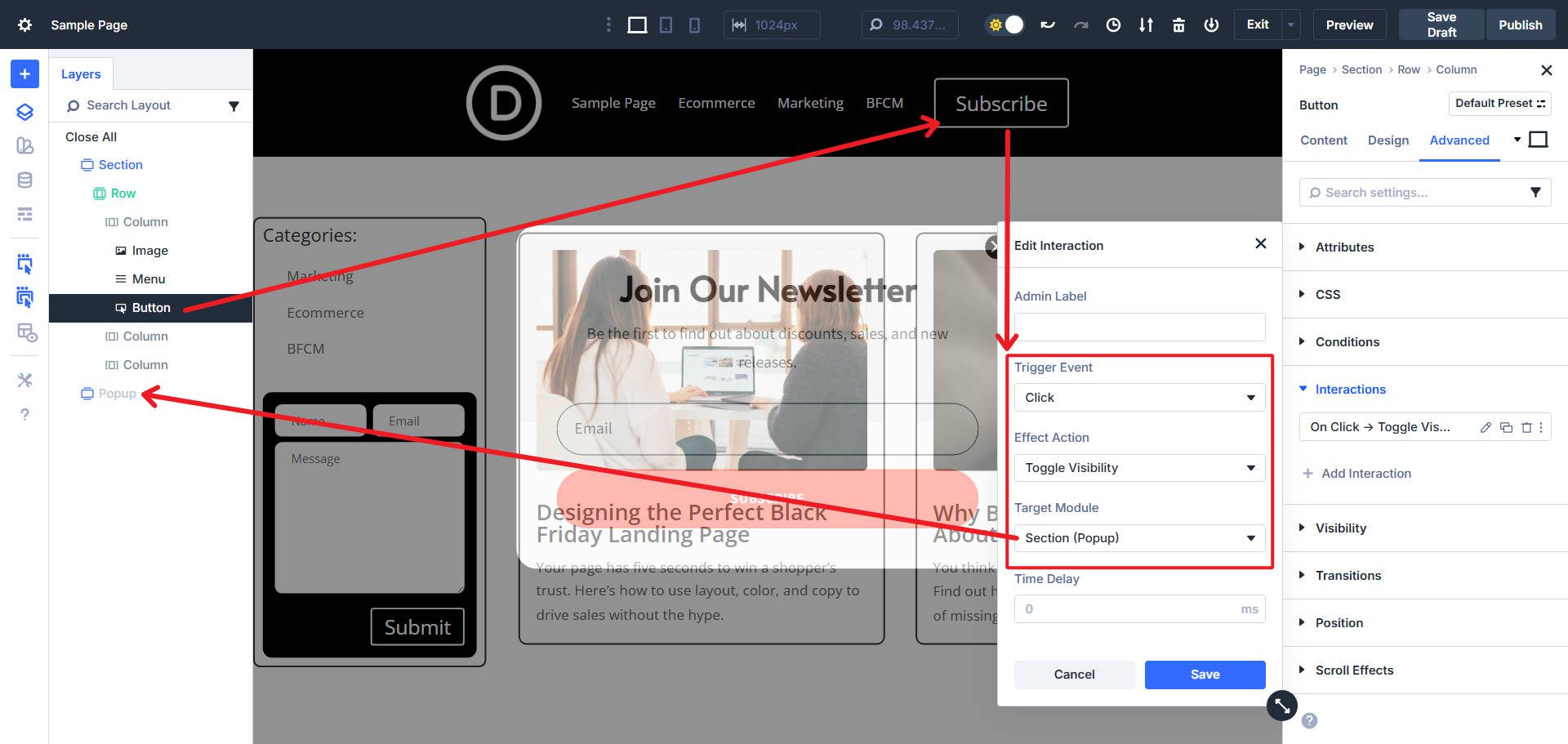 Button Interaction Toggle Visibility of Popup Section - Use case for Aria