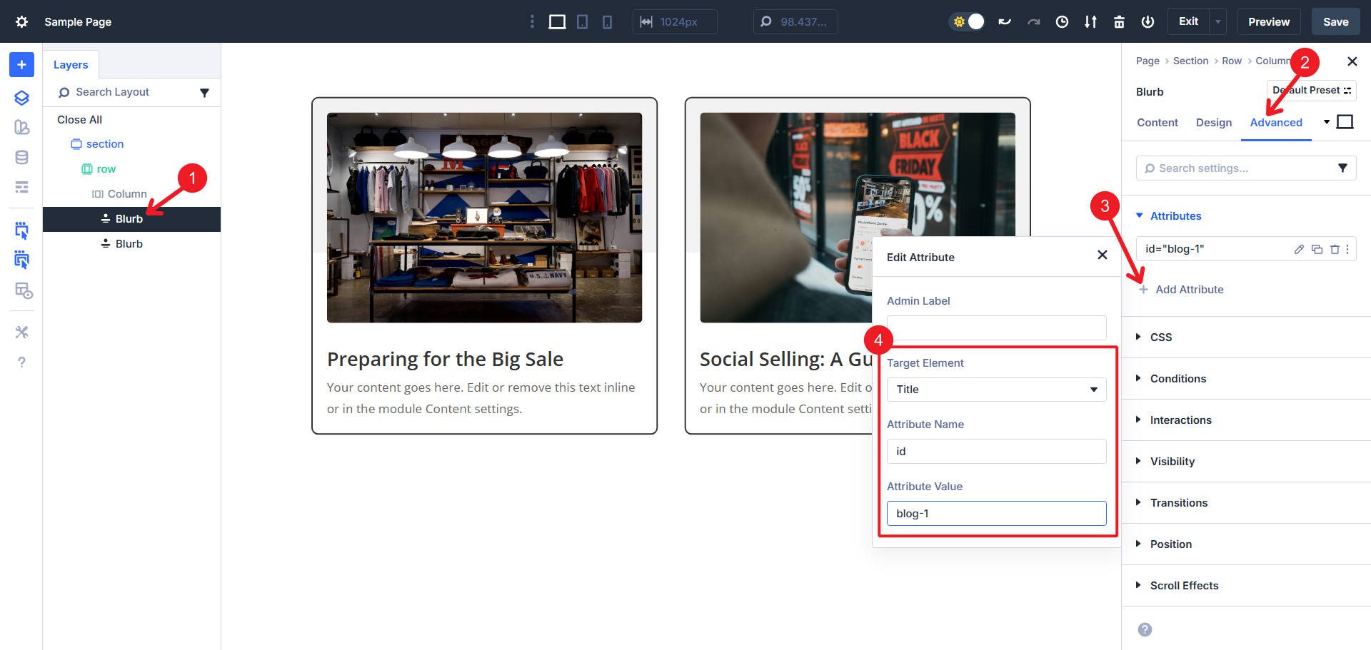 Set Blurb Module ID on the Title Sub-Element