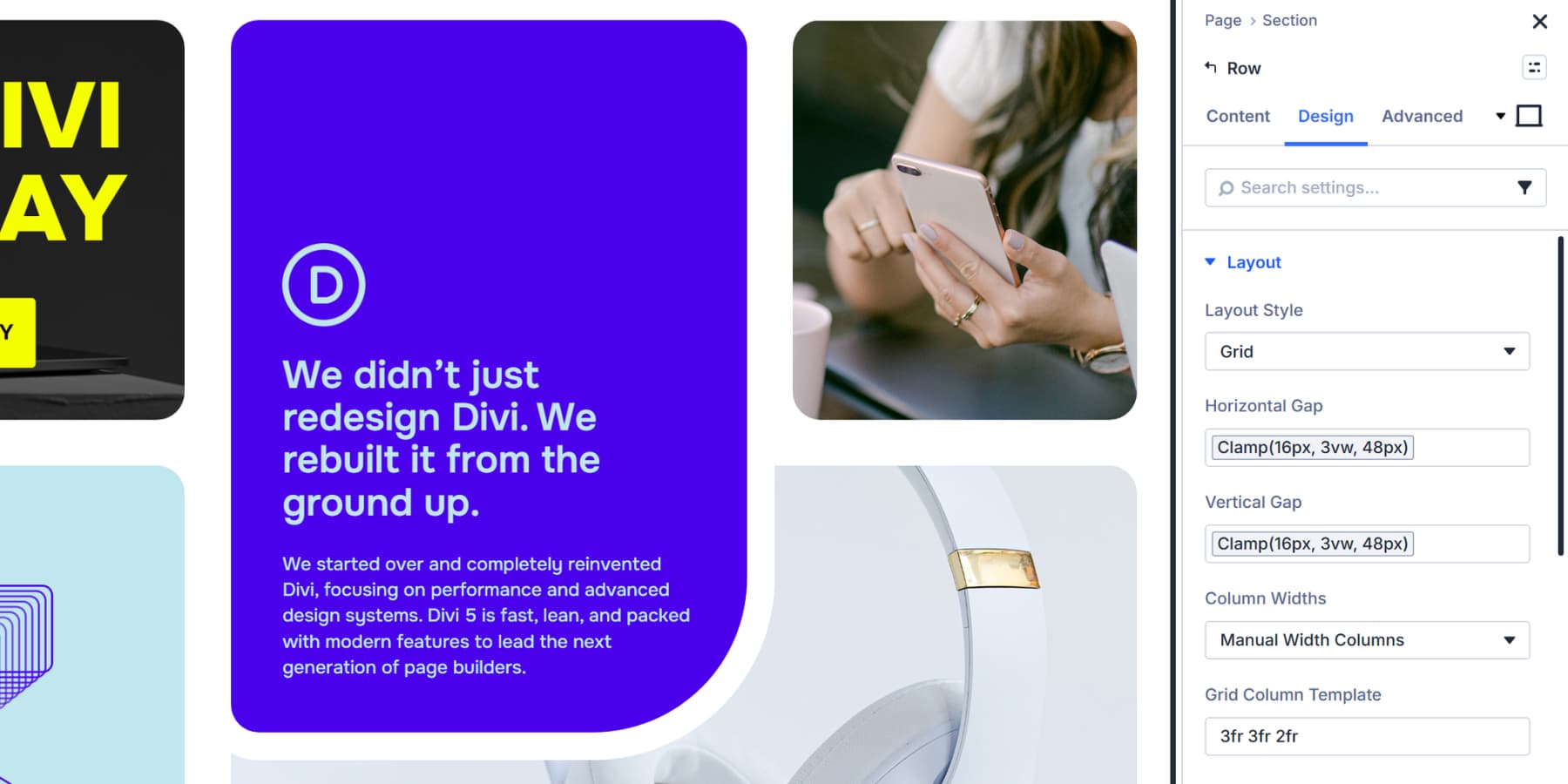 A screenshot of adding horizontal and vertical gaps for a grid in Divi 5