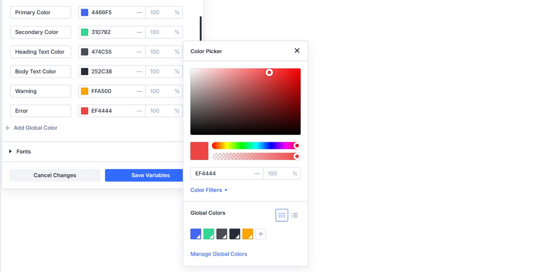 A screenshot of setting an error color variable in Divi 5