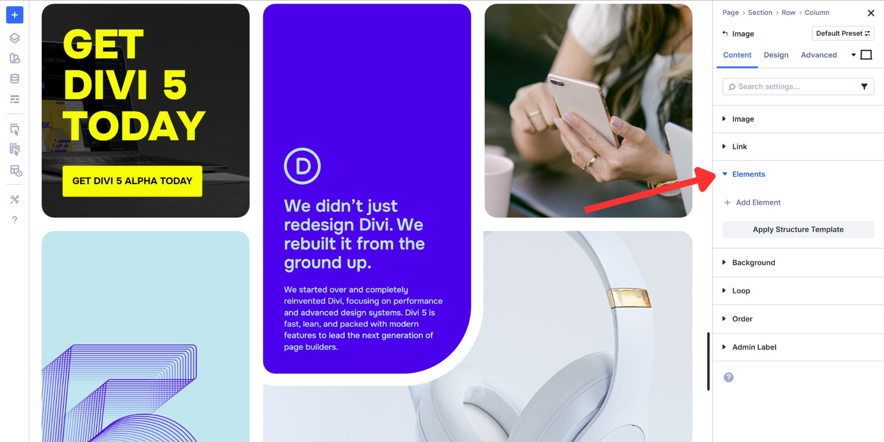 A screenshot of the Element tab in Divi 5