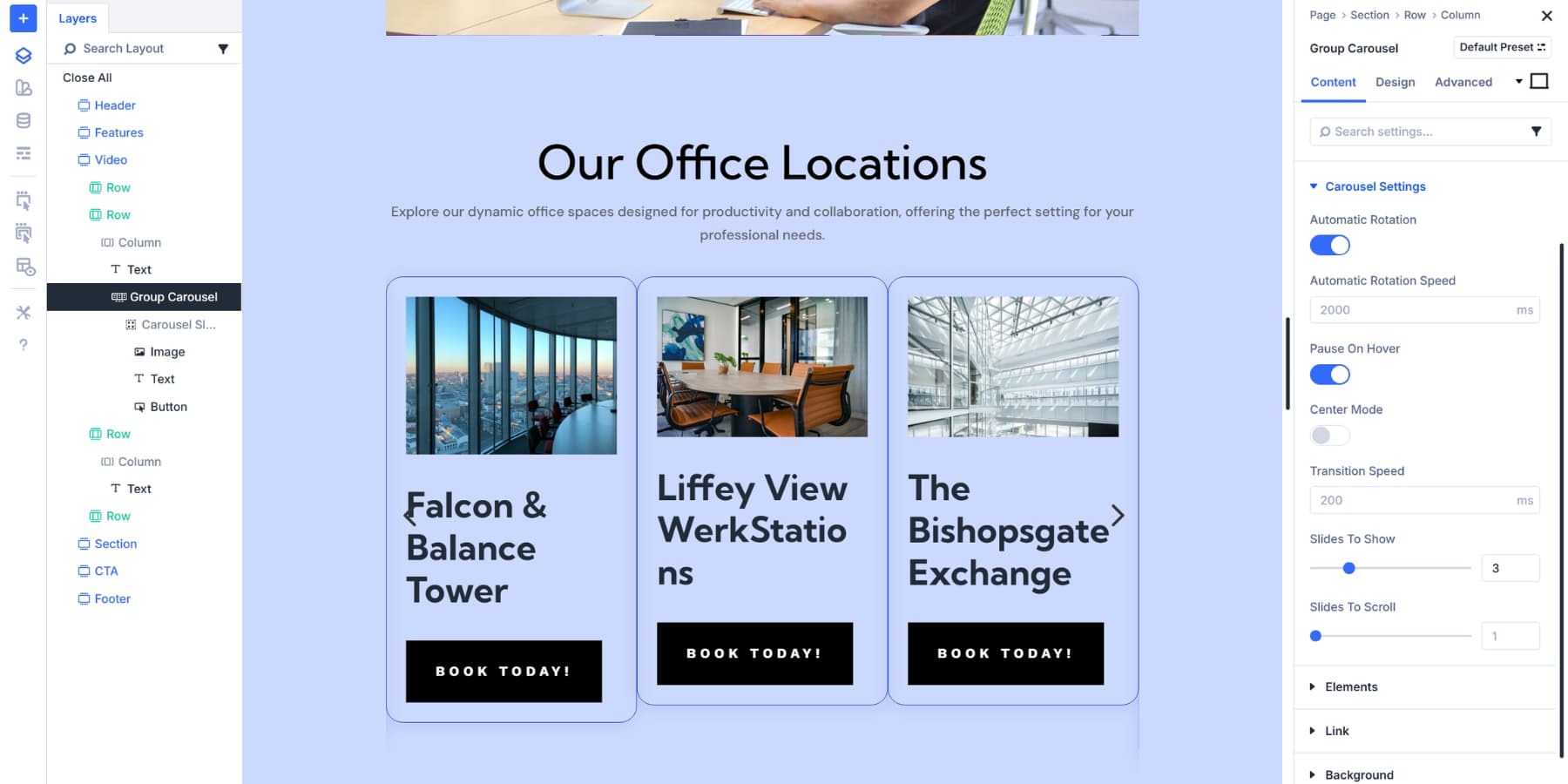 A screenshot of the carousel settings within the group carousel module loop