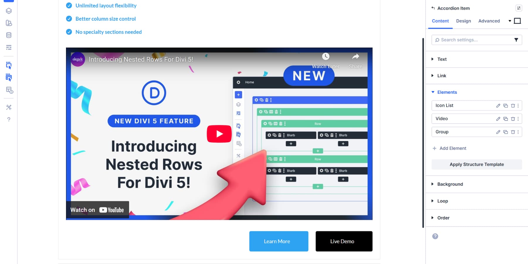 A screenshot of adding a button group in the accordion item in Divi 5