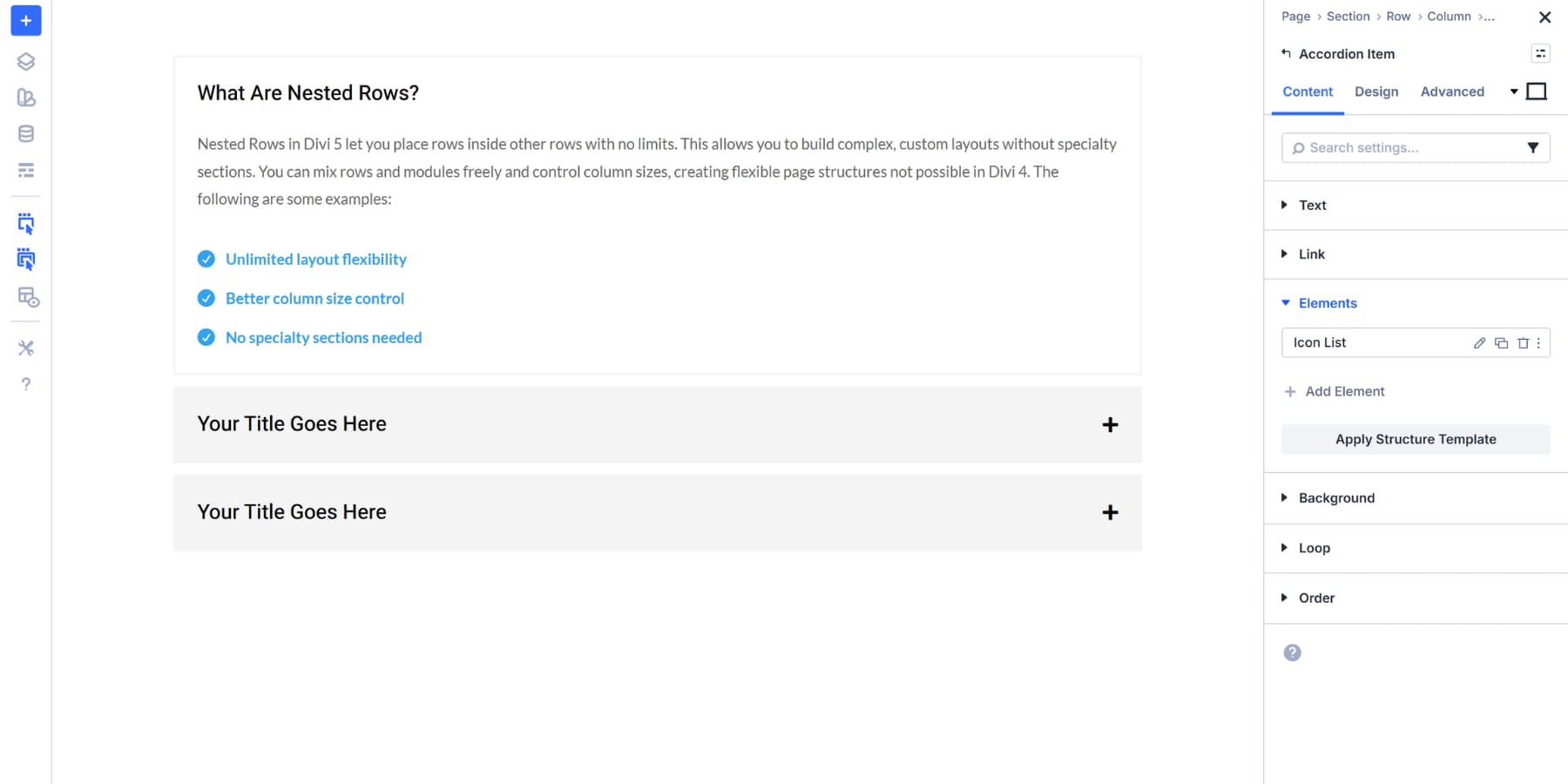 A screenshot of adding an icon list in an accordion item in Divi 5