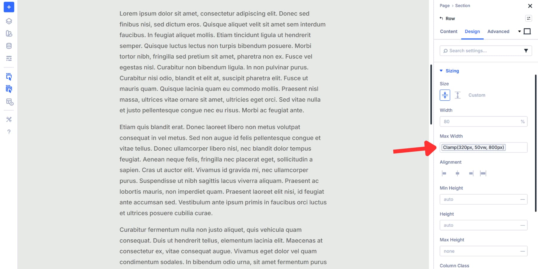 A screenshot of adding a narrower max-width to a text rich section