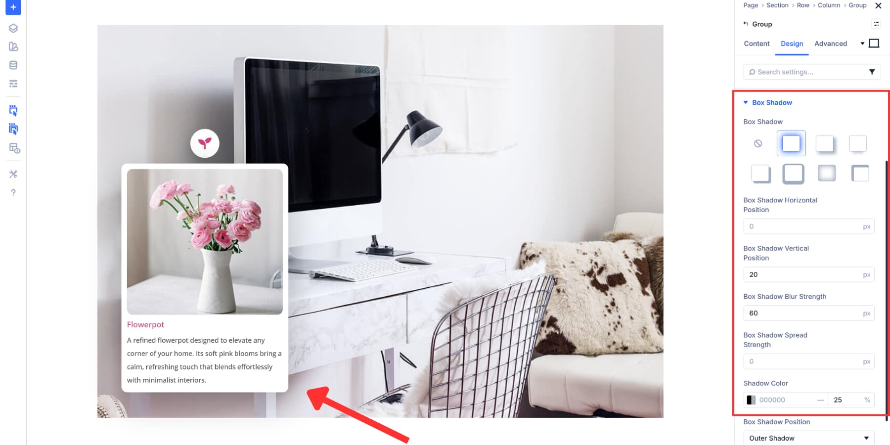 A screenshot of adding box shadow to the content group so it looks proper in Divi 5