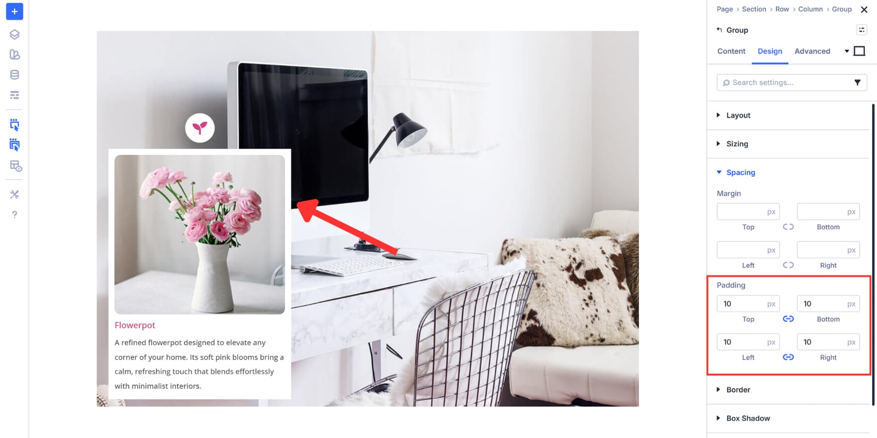 A screenshot of adding padding to the content group so it looks proper in Divi 5