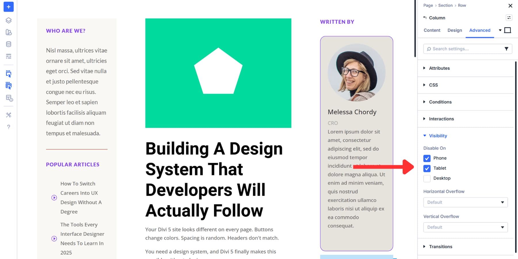 A screenshot of applying visibility for devices in Divi 5