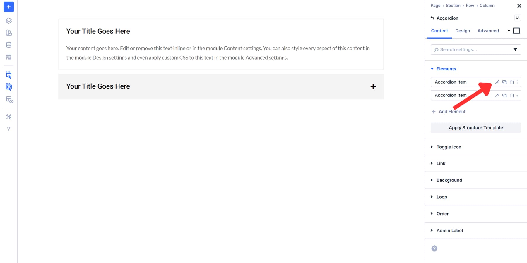 A screenshot of from where to edit the accordion items