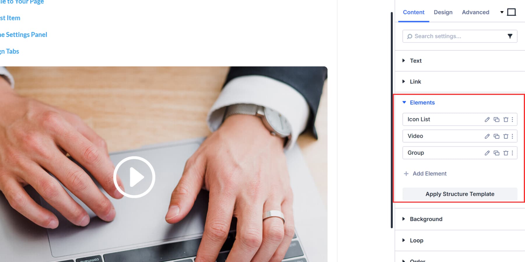 A screenshot of the elements tab showing all added modules