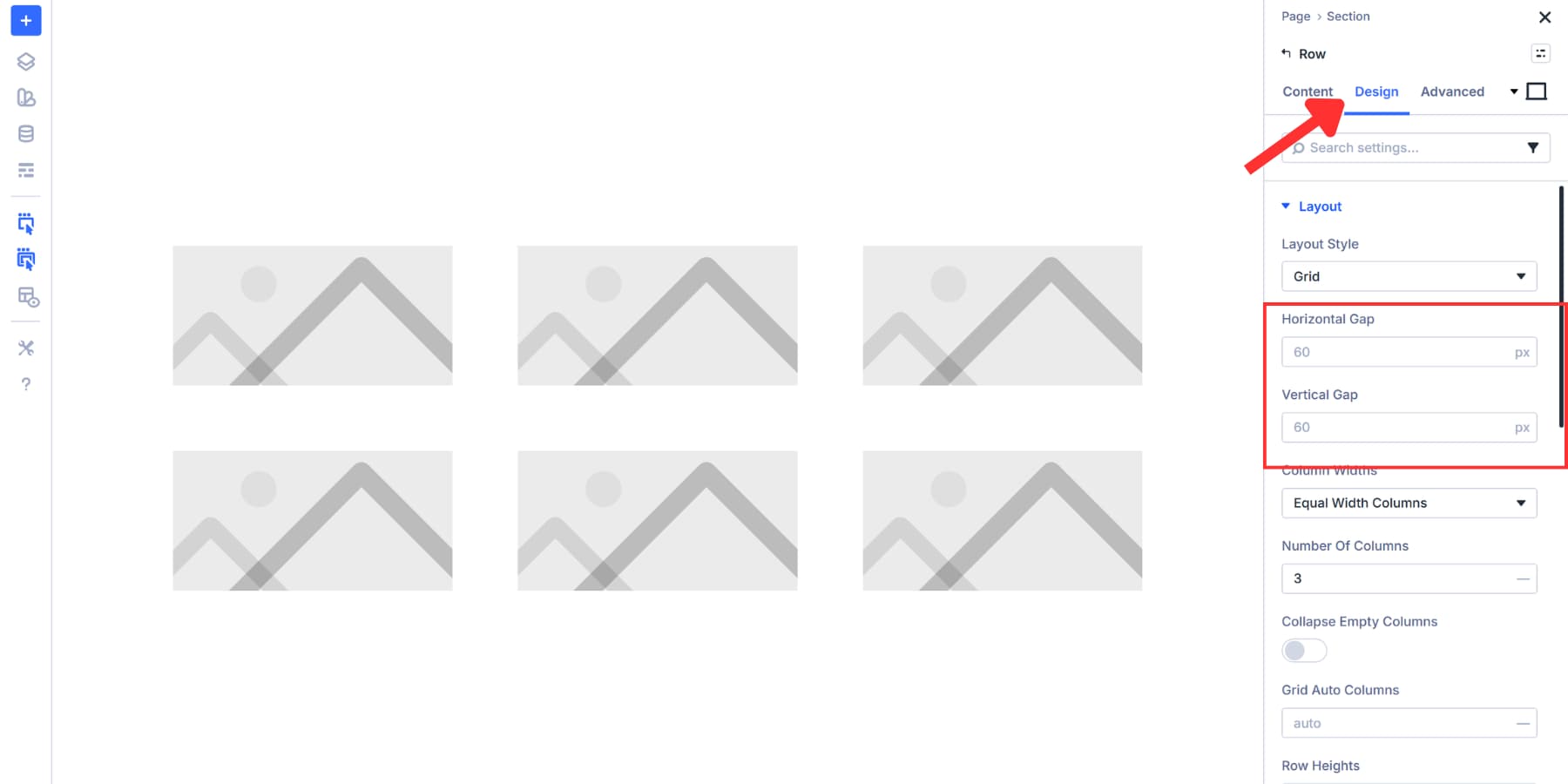 A screenshot of the gap settings for a grid row in Divi 5