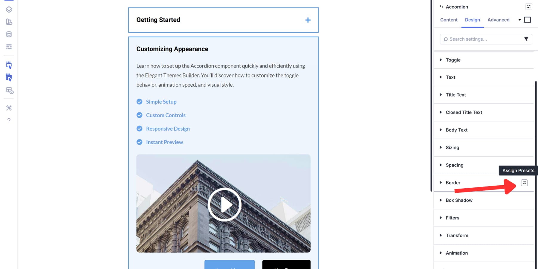 A screenshot of where to find option group preset icon in Divi 5