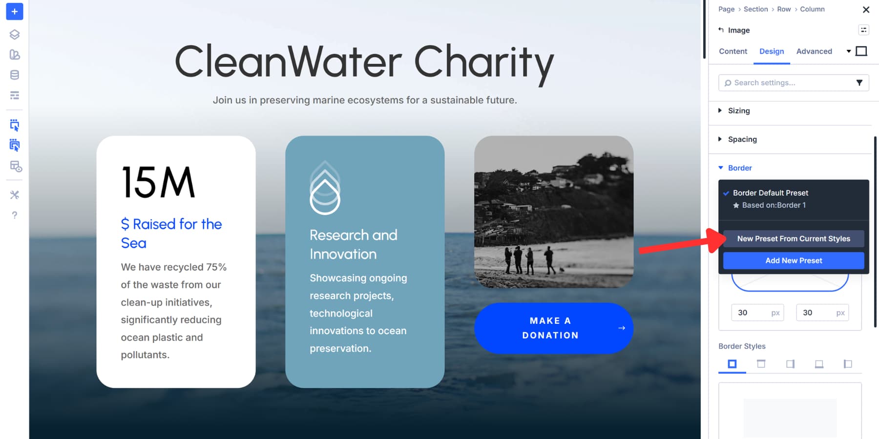 A screenshot of creating a new preset from current styles
