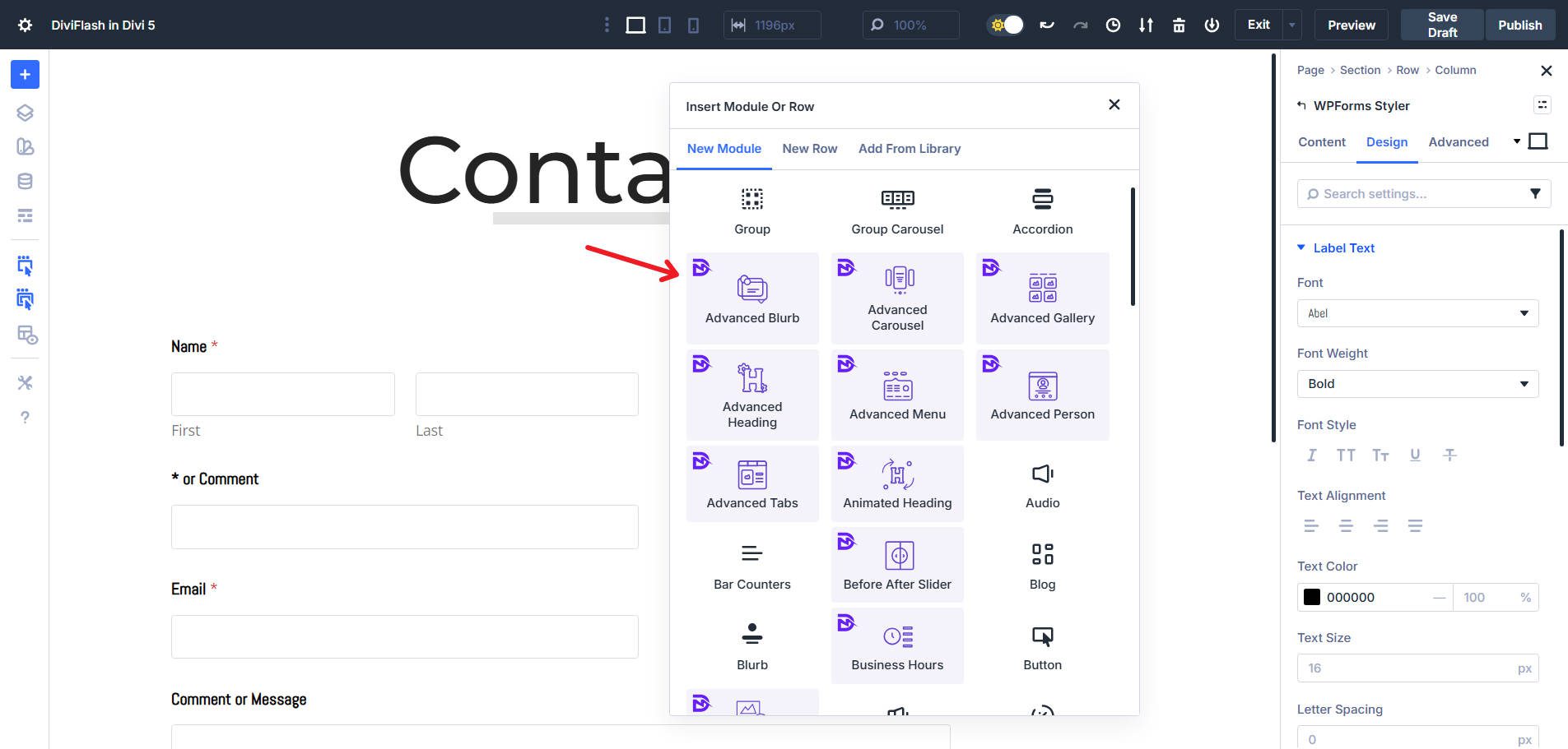 Module Picker showing DiviFlash Modules in Divi 5
