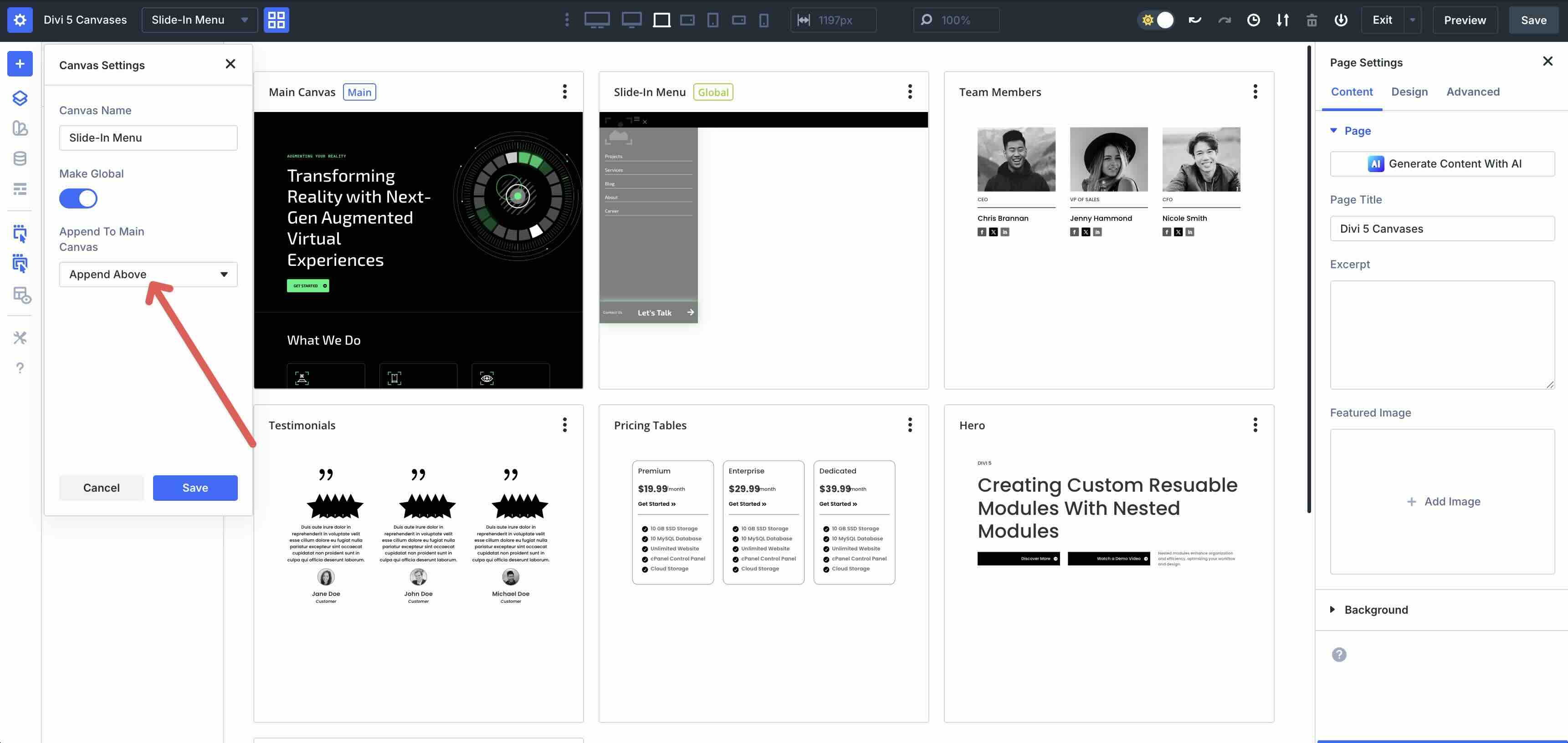 append canvases in Divi 5