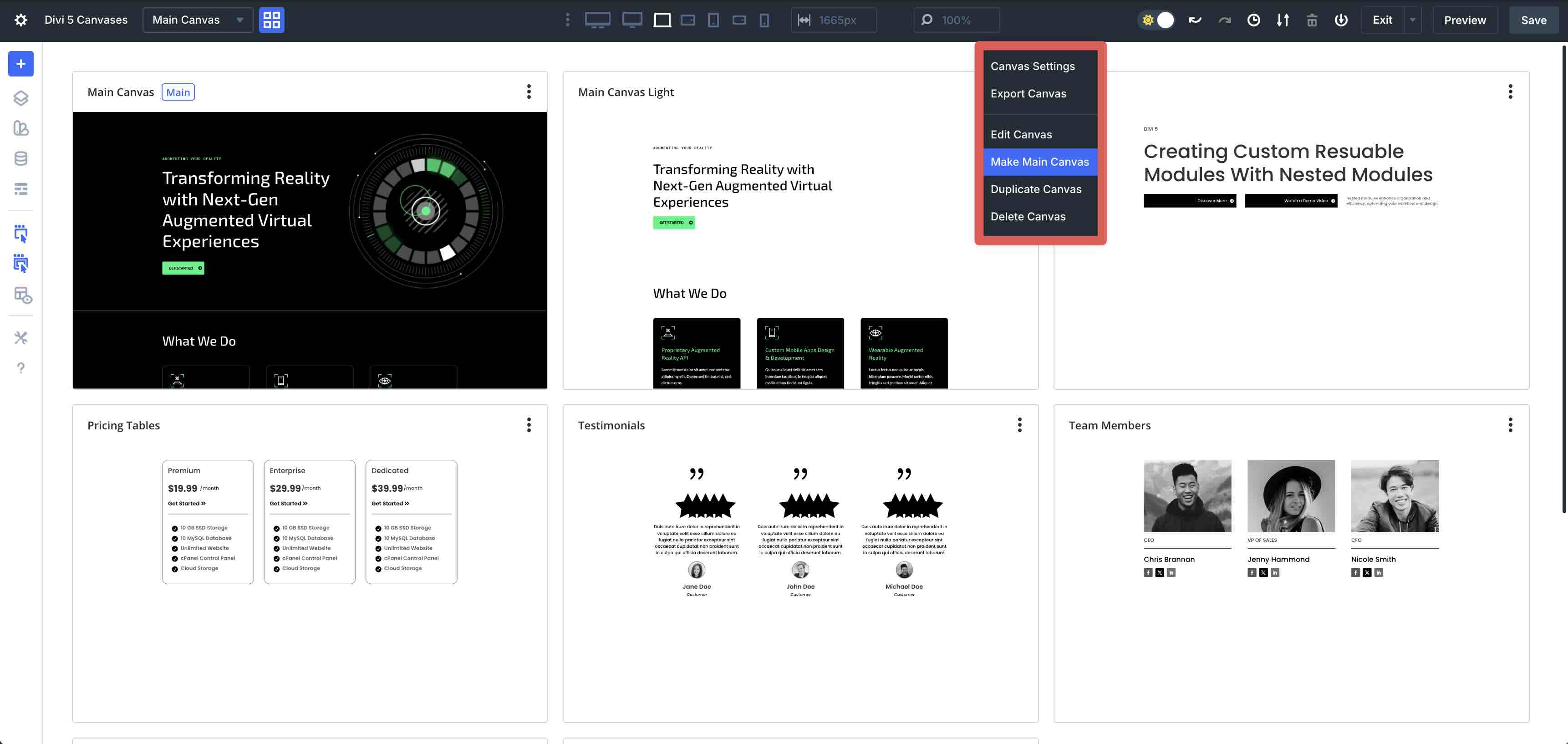 Divi 5 Canvas settings menu