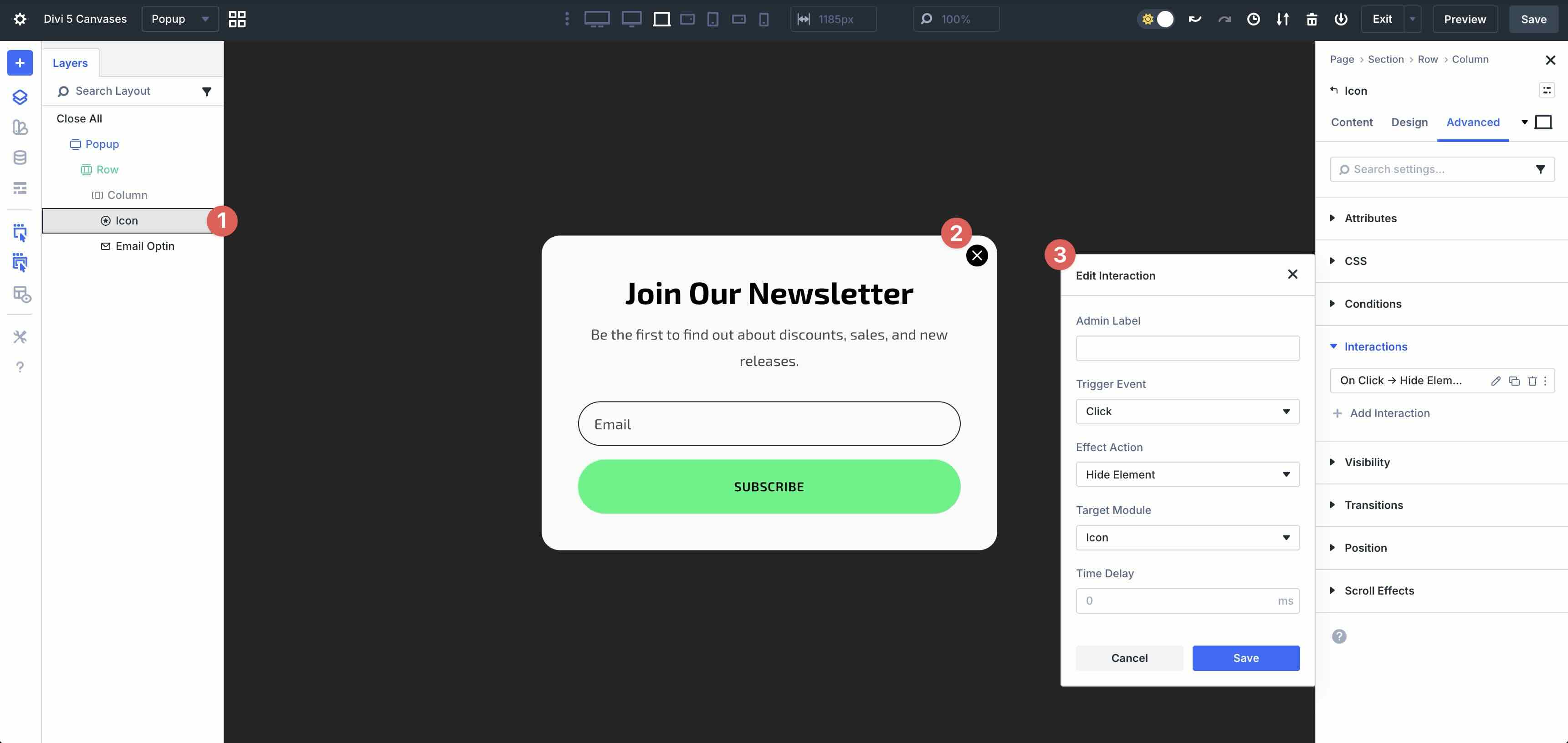 popup interactions in Divi 5