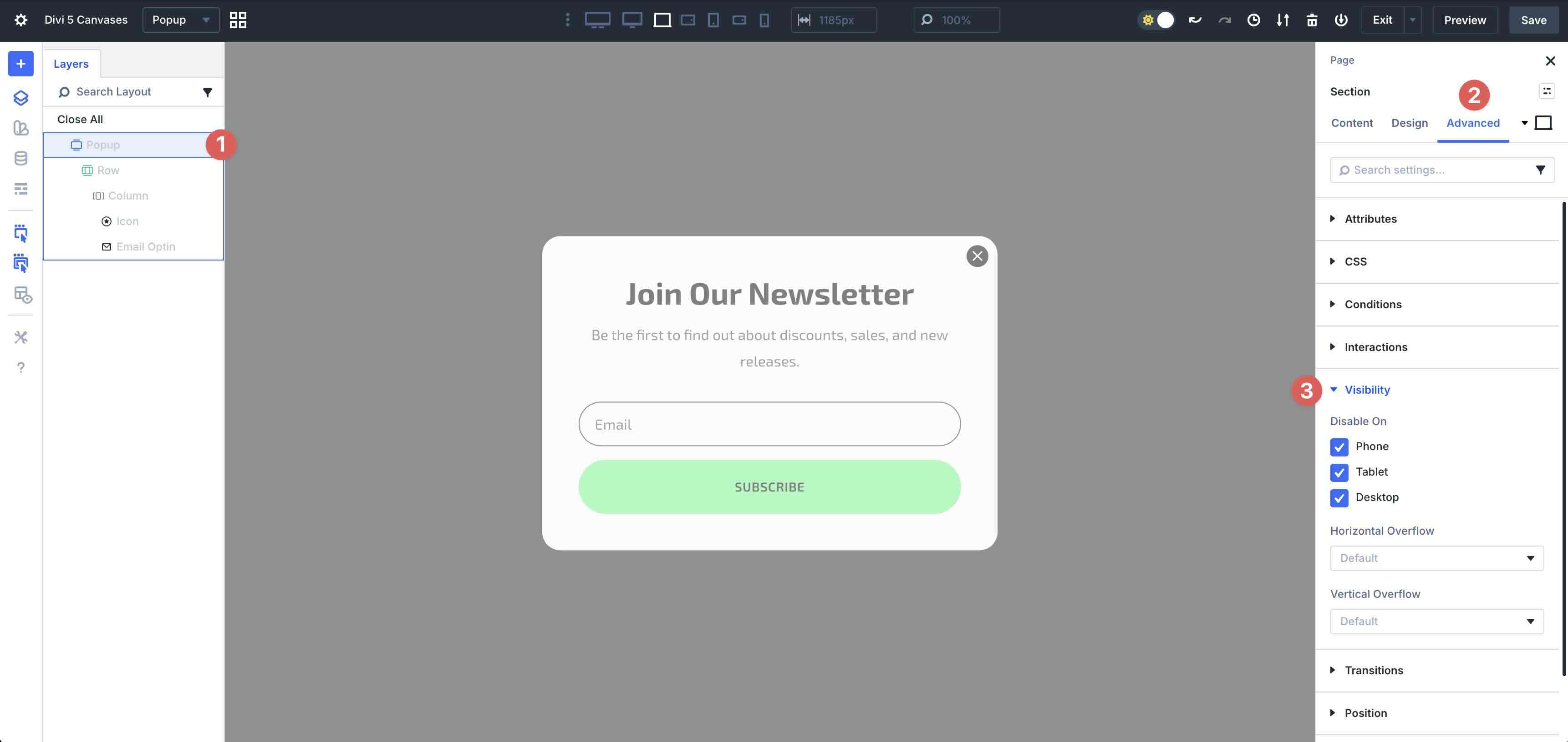 visibility settings in Divi 5
