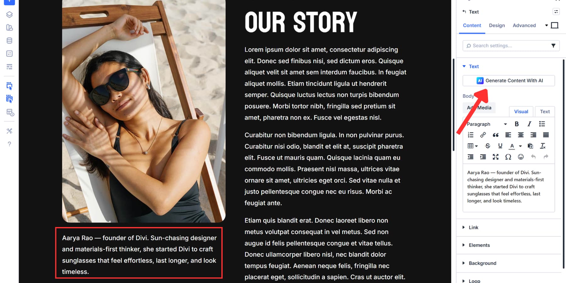 A screenshot of adding a caption with a text module using Divi AI for an image in Divi 5