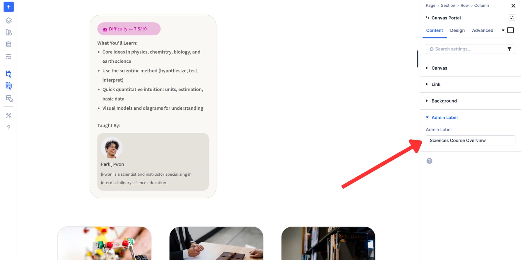 A screenshot of adding an admin label to the canvas portal module
