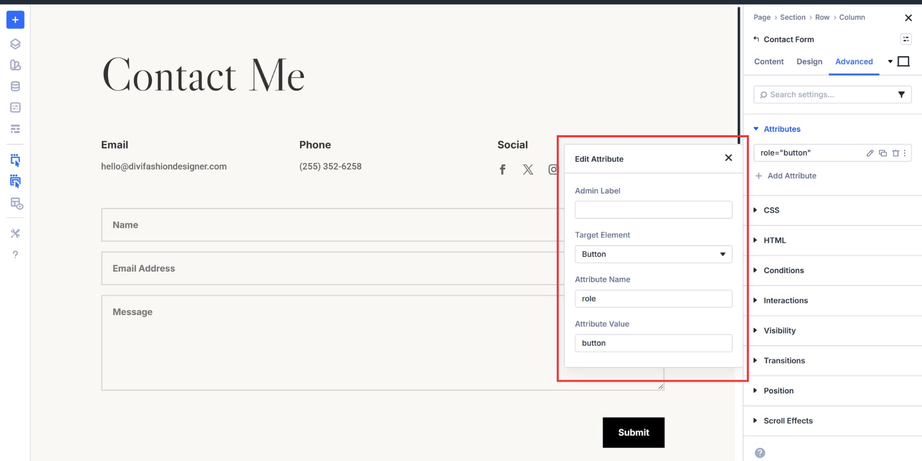 A screenshot of how to add a button role to a contact form button