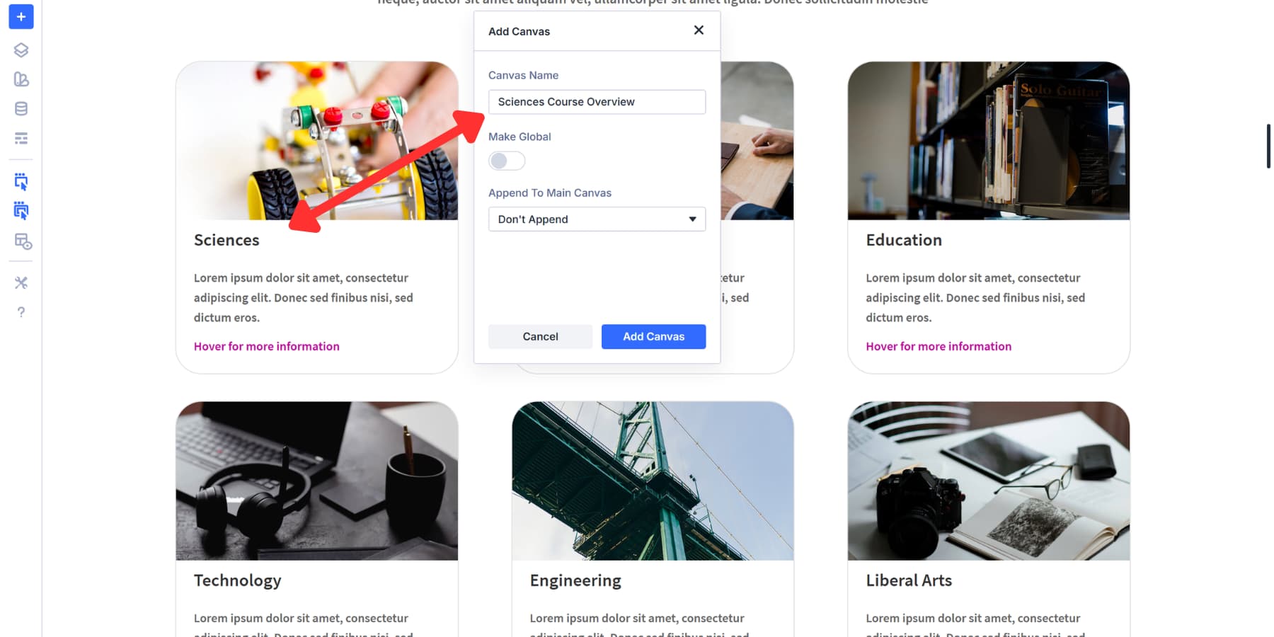 A screenshot of matching the course overview canvas name with the course name in Divi 5