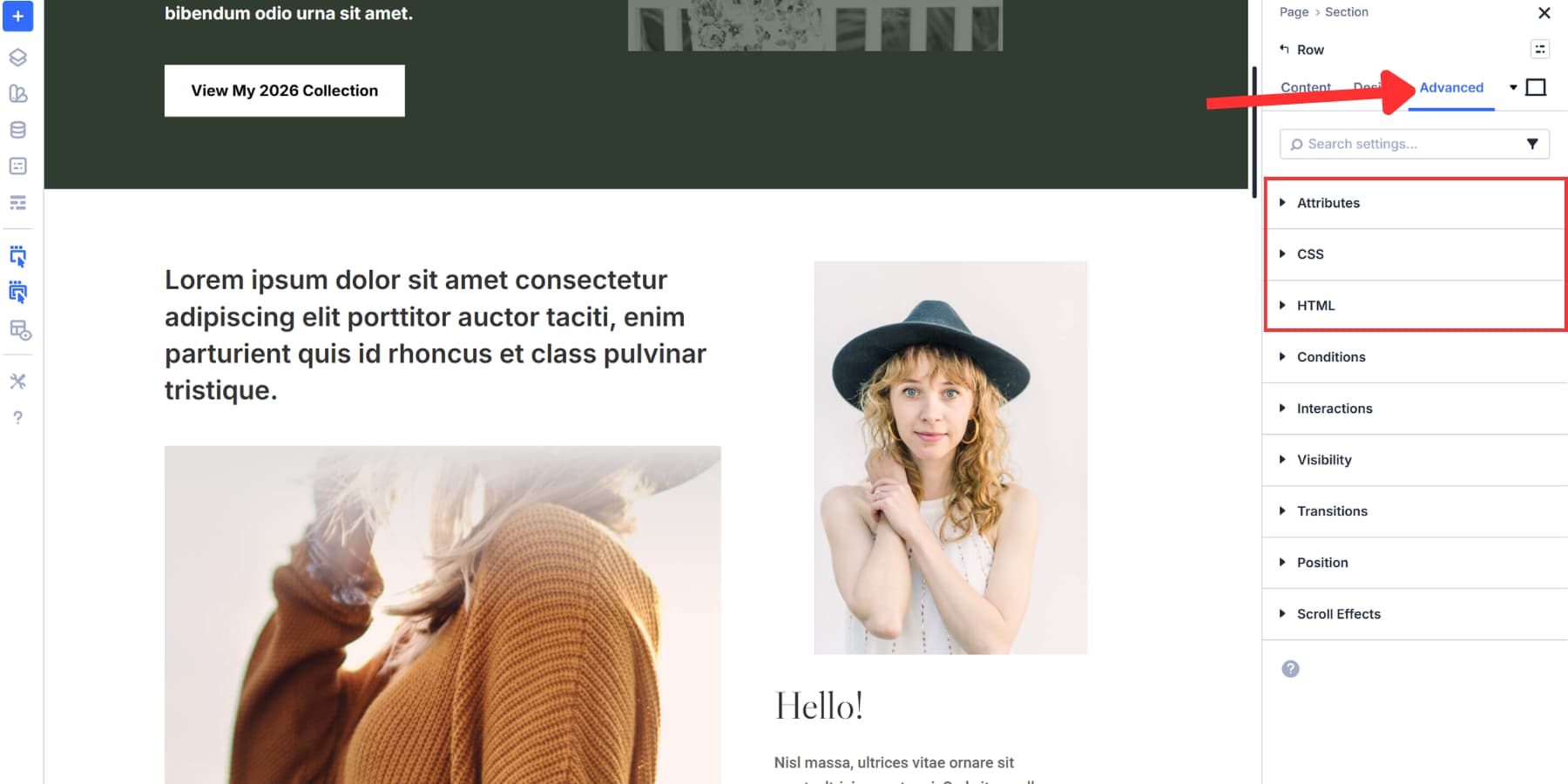 A screenshot of where to find the attributes and HTML options in Divi 5