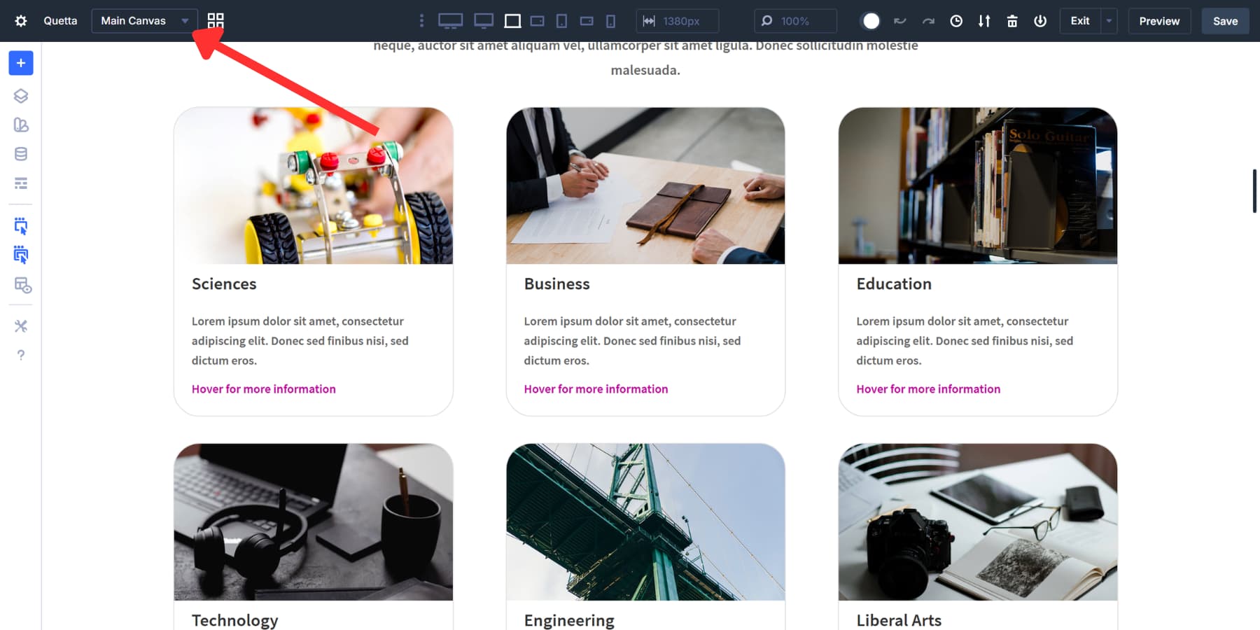 A screenshot of where to find the canvas dropdown in Divi 5