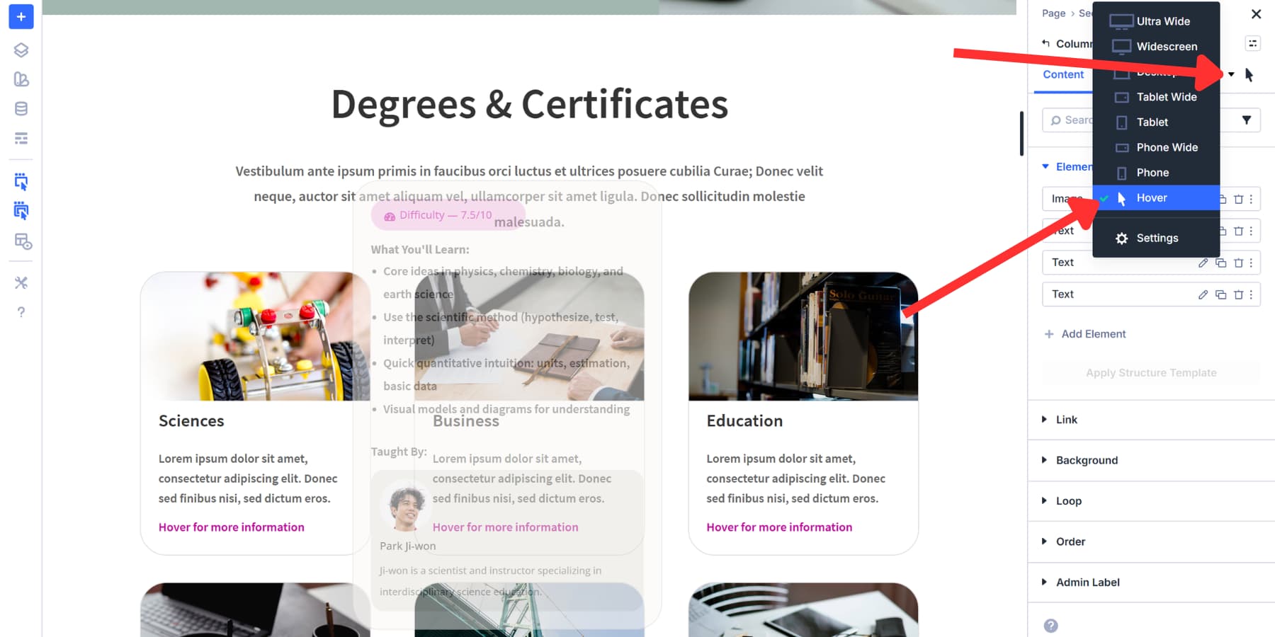A screenshot of where to find the hover settings in Divi 5