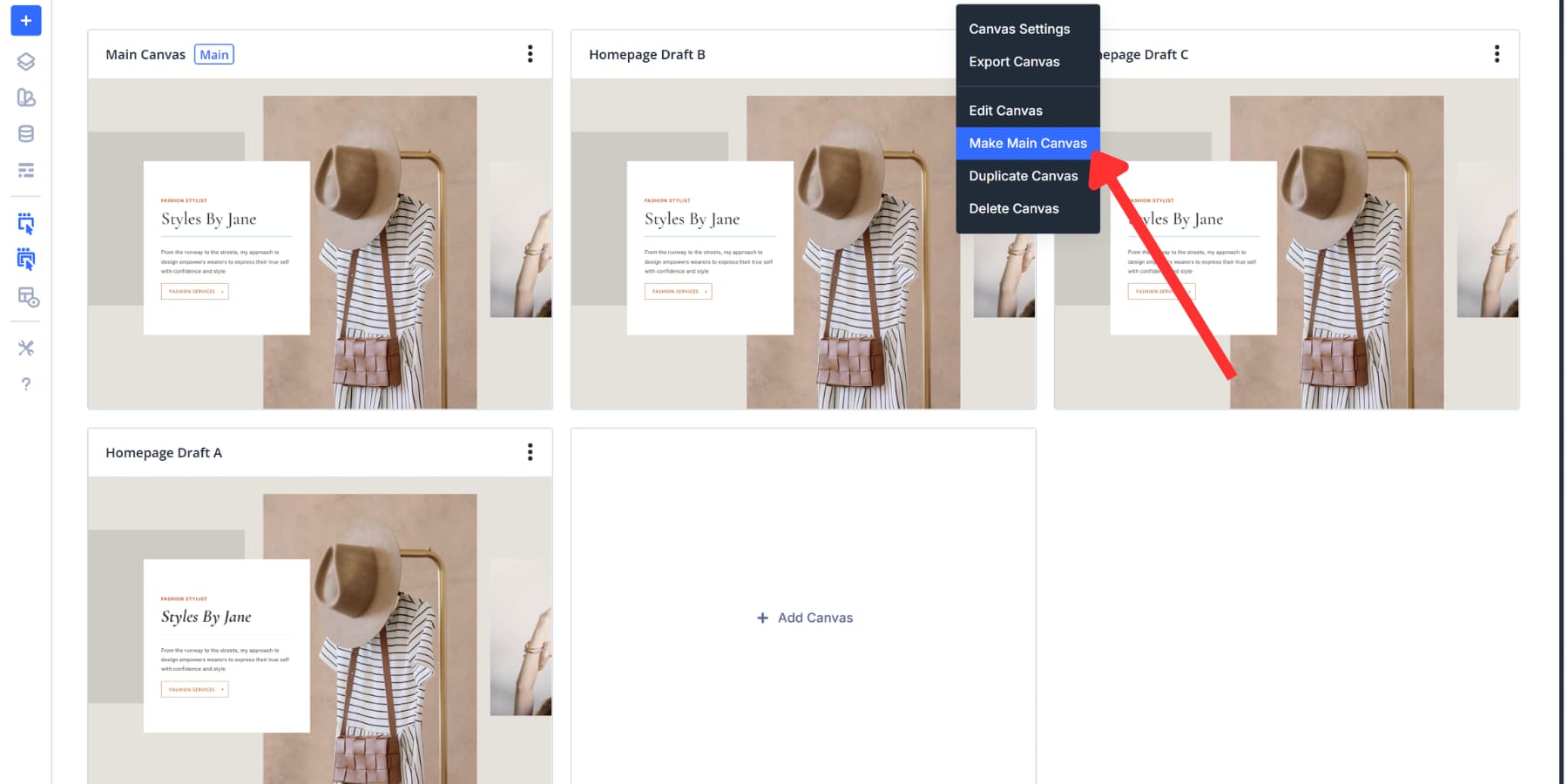 A screenshot of where to find the option to set main canvas in the grid view in Divi 5