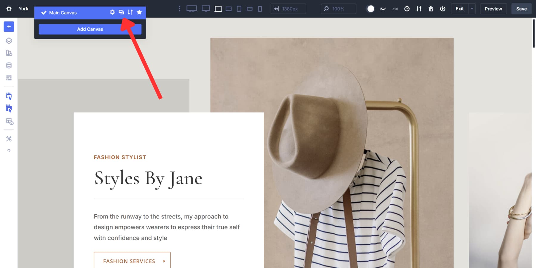 A screenshot where to find the duplicate icon for a canvas in Divi 5