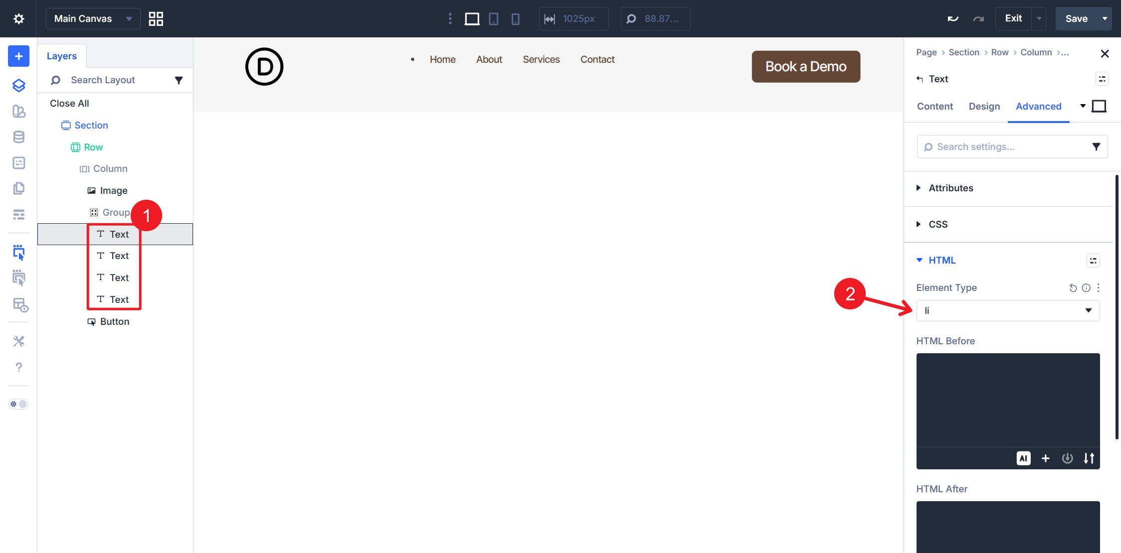 All text Modules inside the group need the li element type assigned