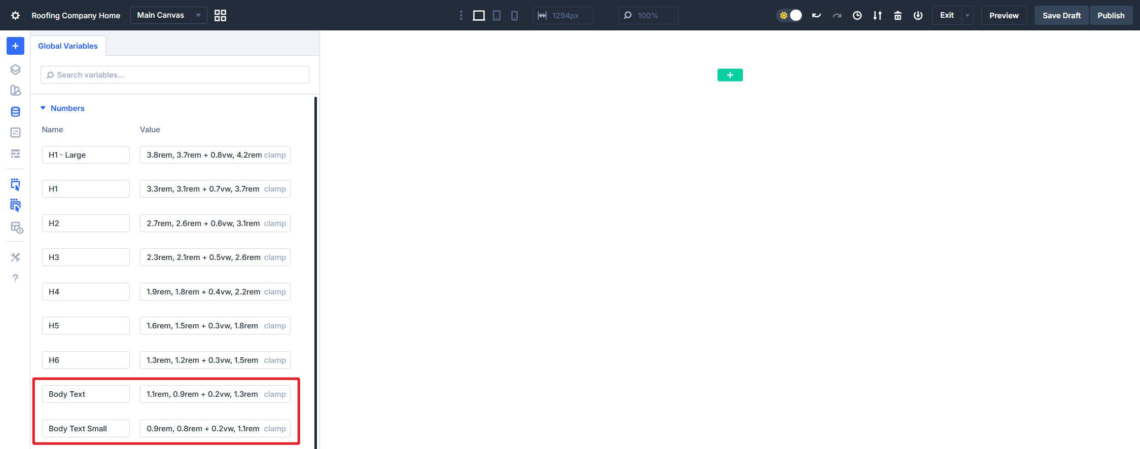 Body Font Sizes Clamp stored as Design Variables in Divi