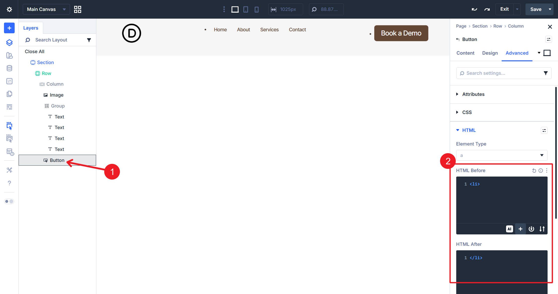 Button Module needs the li element type assigned in html before and after
