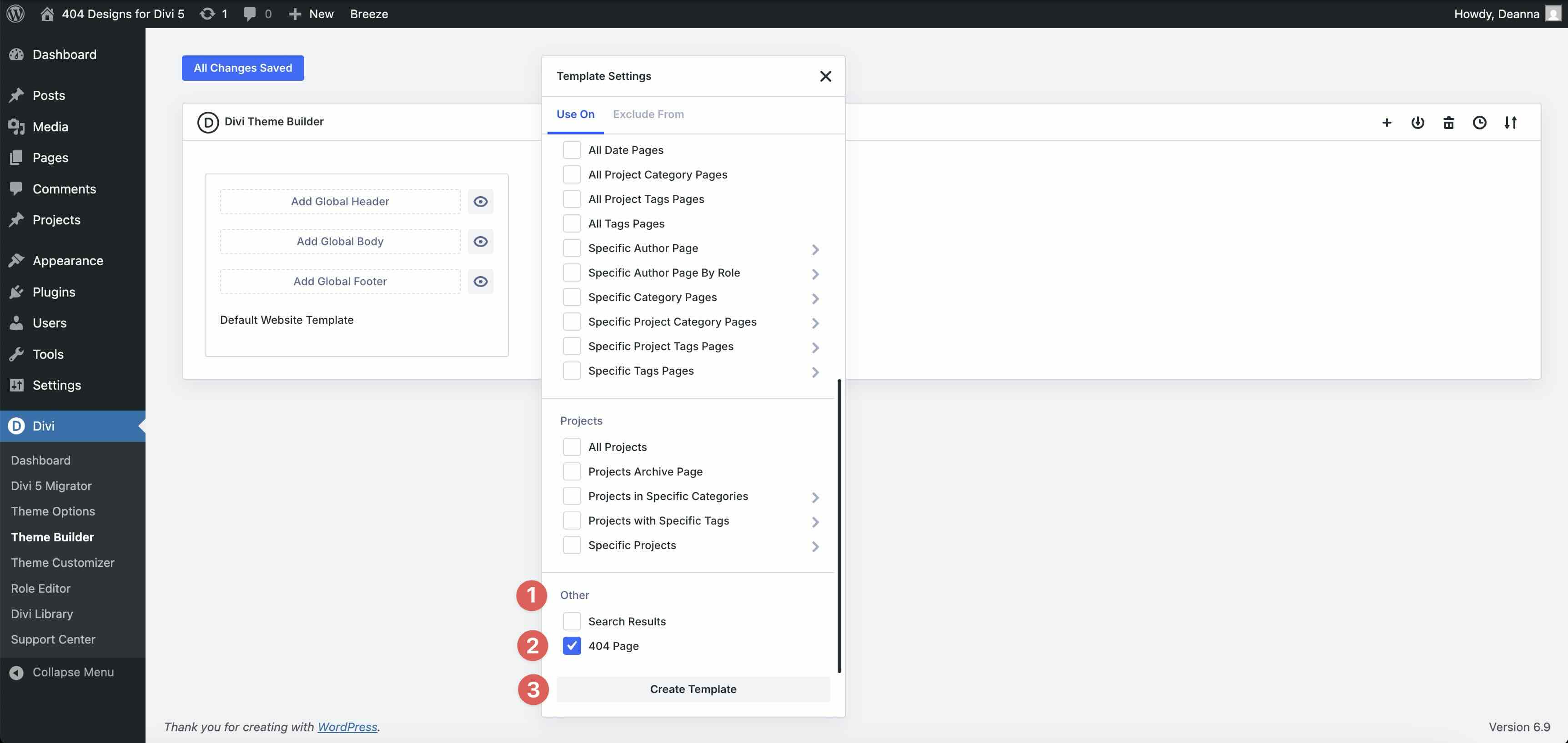 create a new template in Divi 5