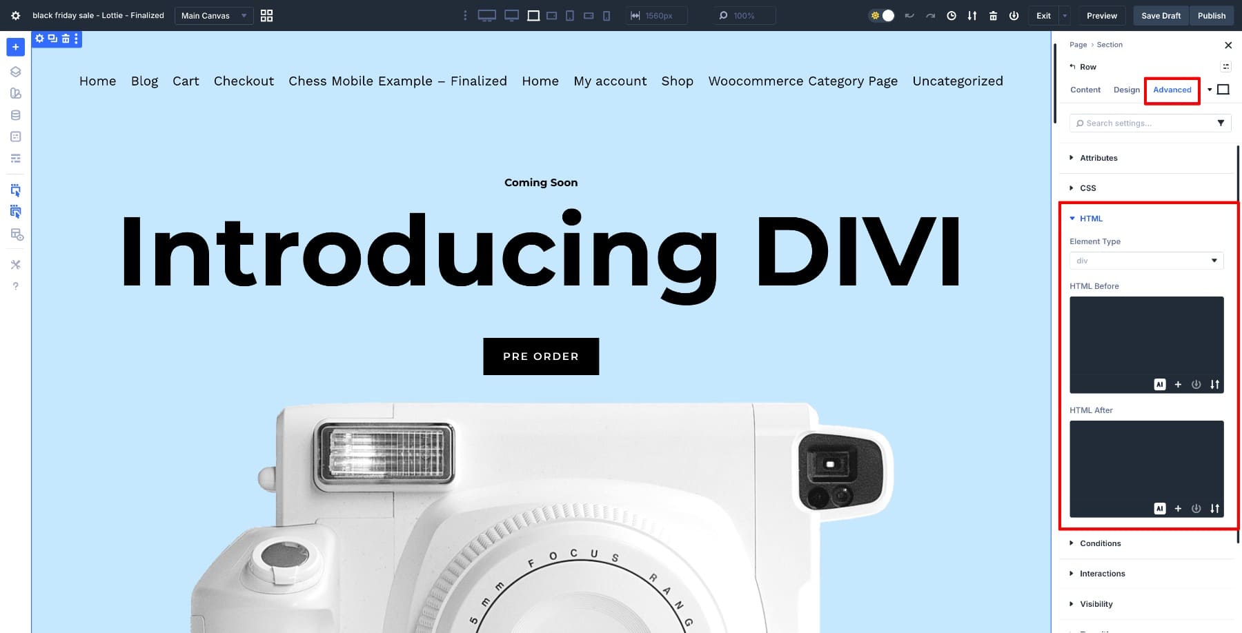 HTML option in Advanced tab