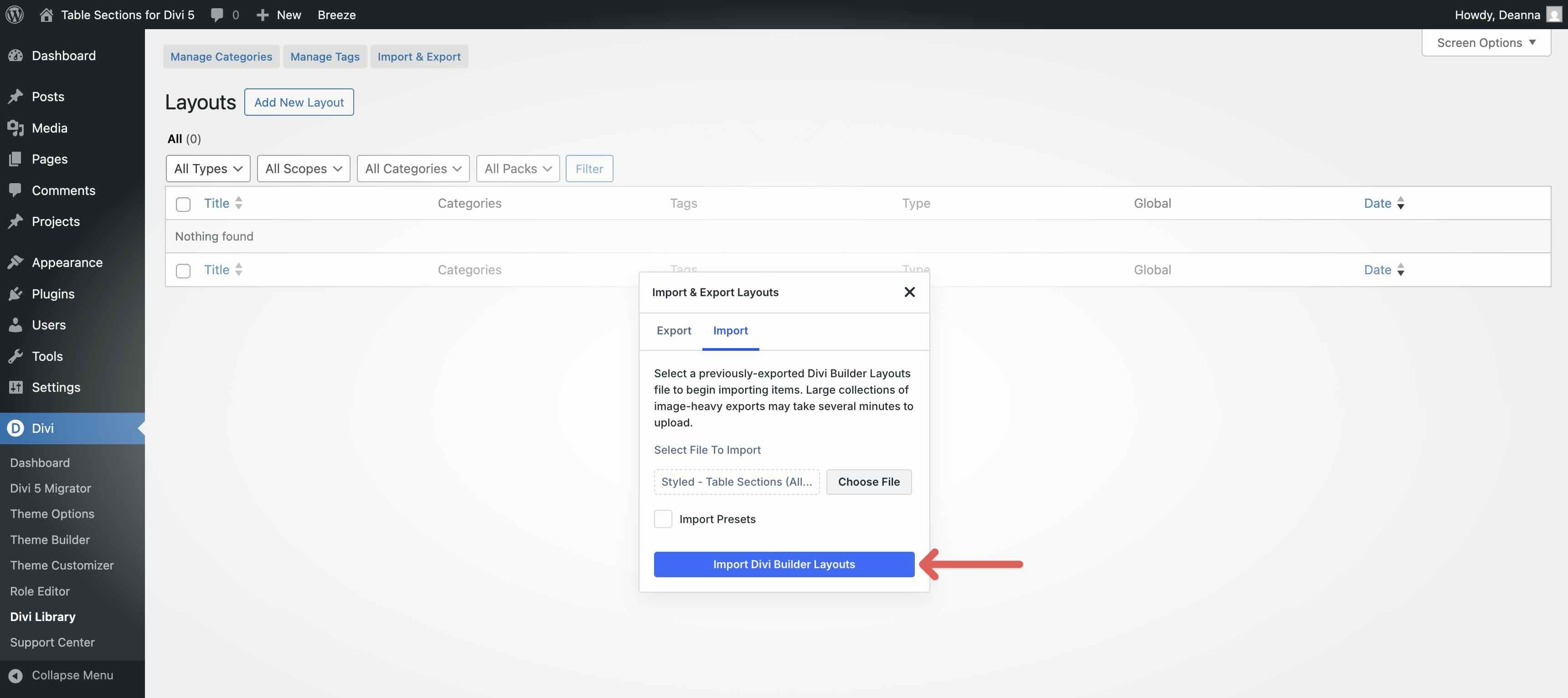 import a premade layout into Divi 5
