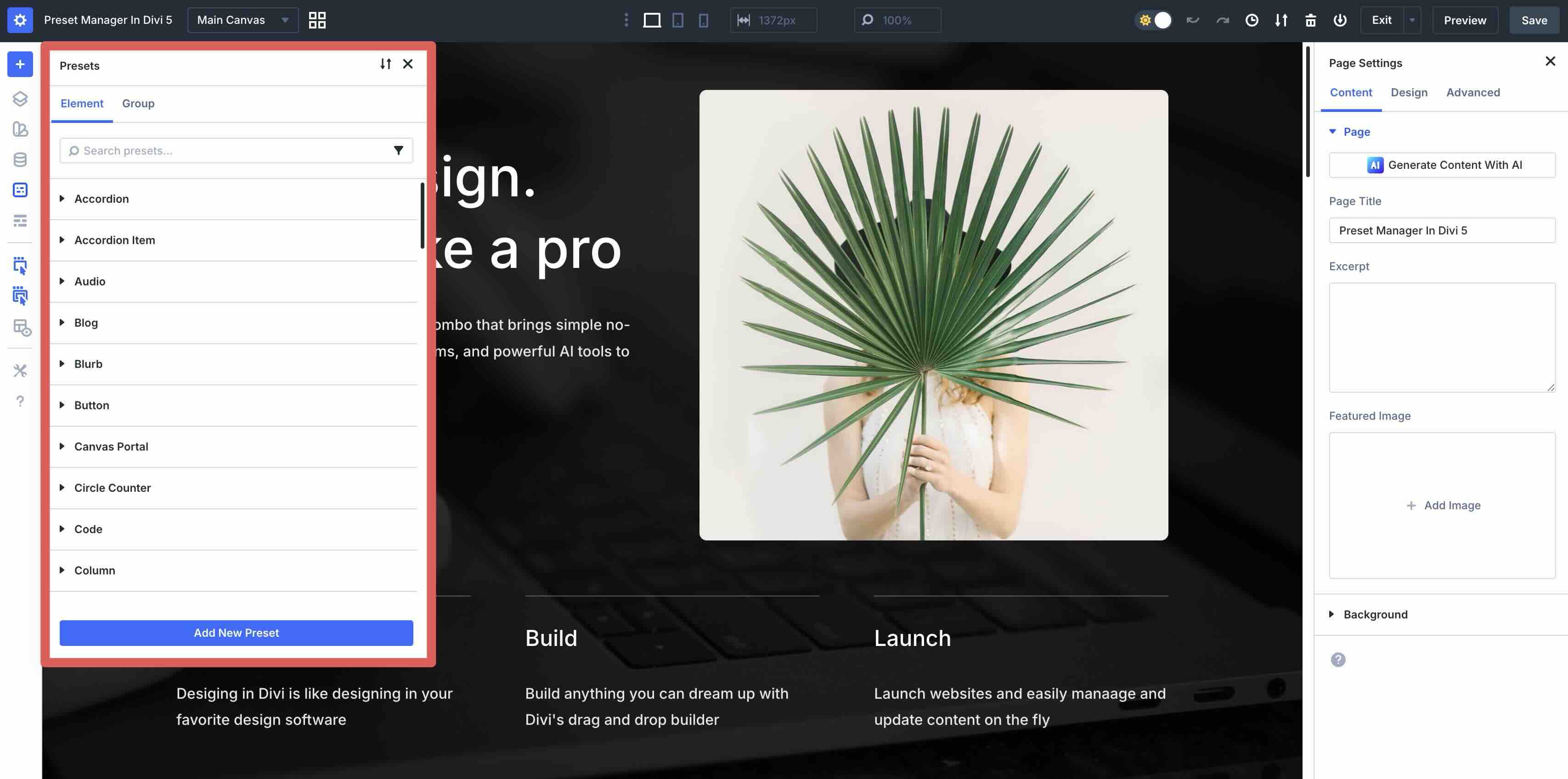 preset manager in Divi 5