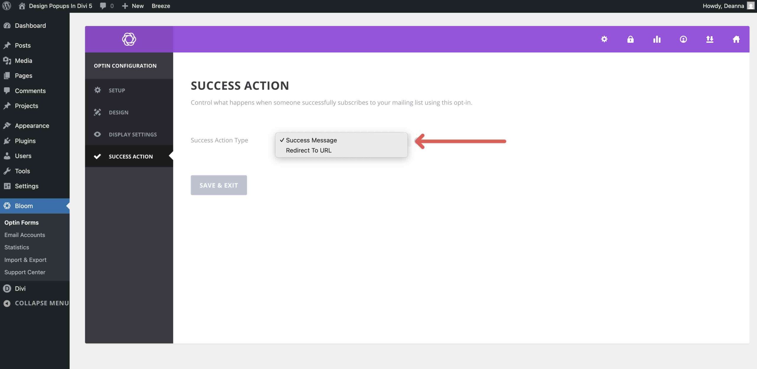 success action options