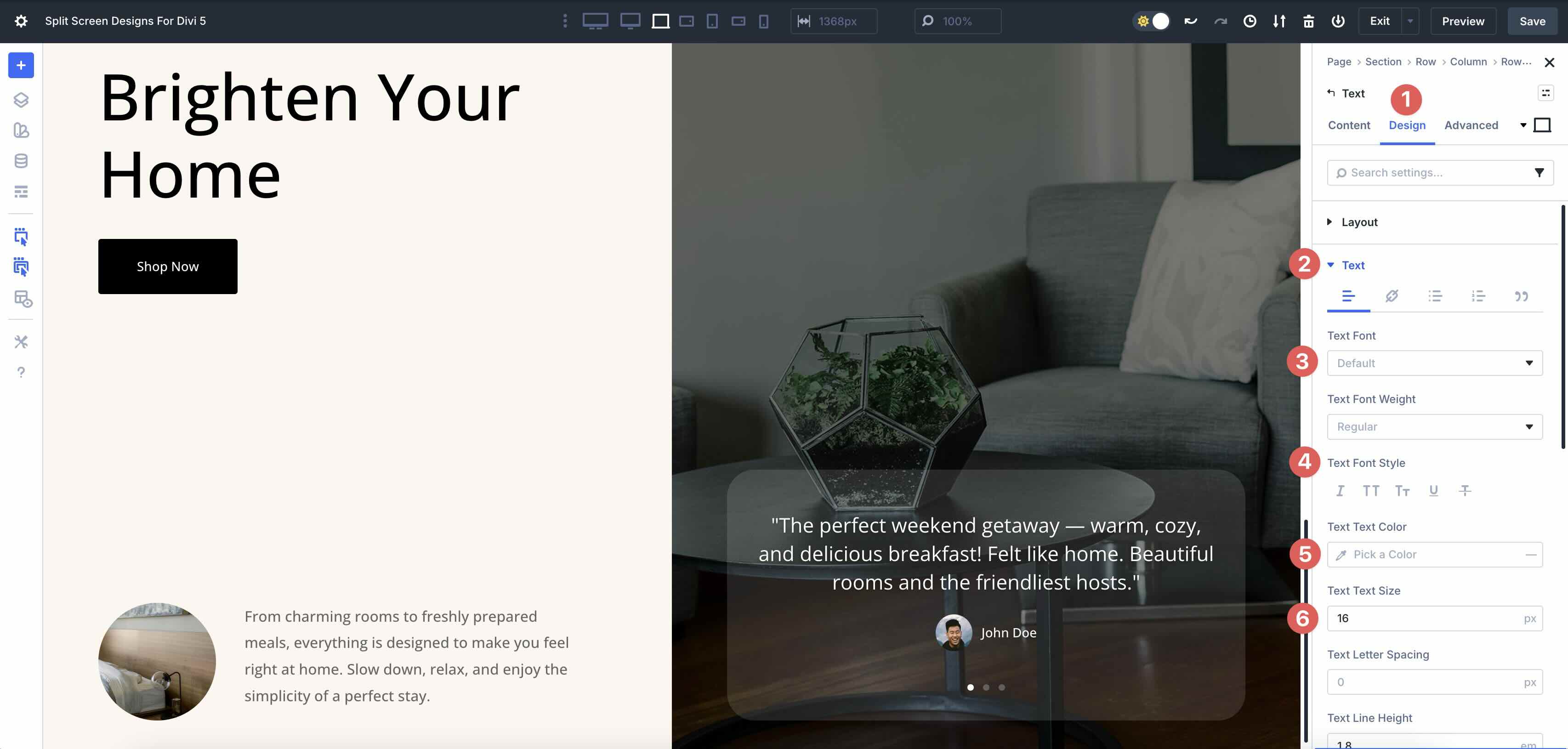 text design settings in Divi 5