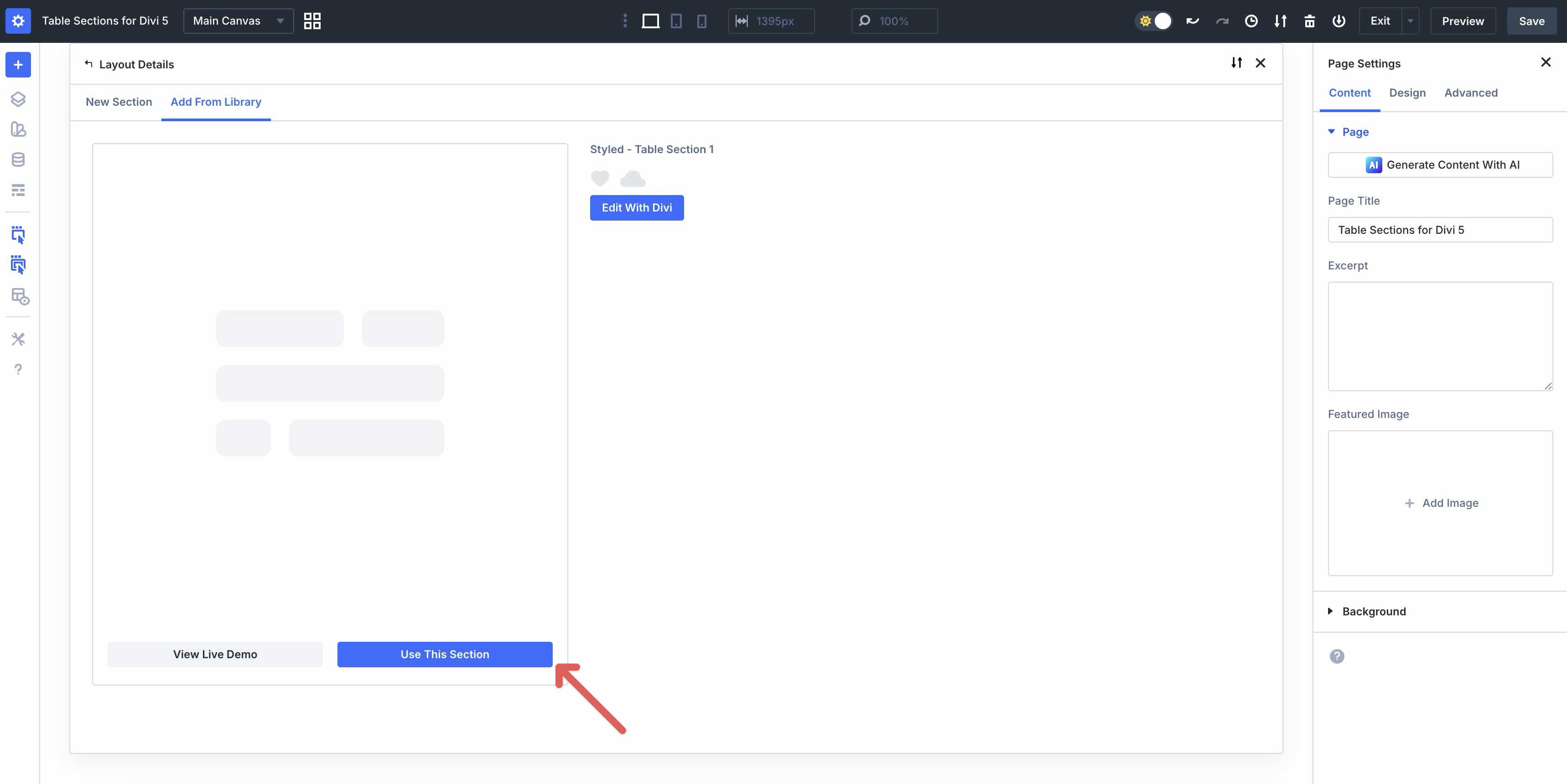 using a premade section in Divi 5