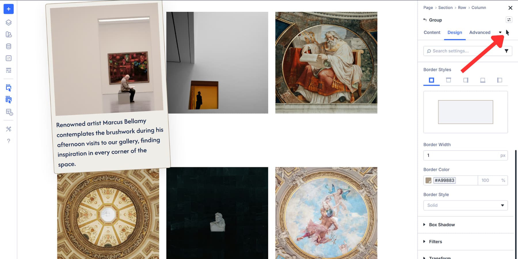 A screenshot of adding the grid gallery item's background, border and transform effects to the hover state in Divi 5