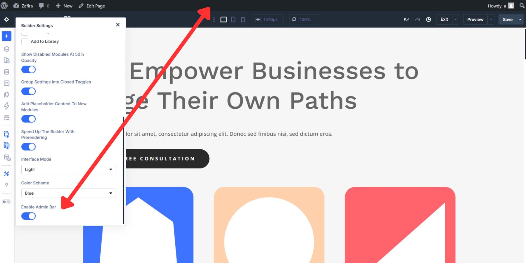 A screenshot of enabling admin bar in Divi 5's builder settings