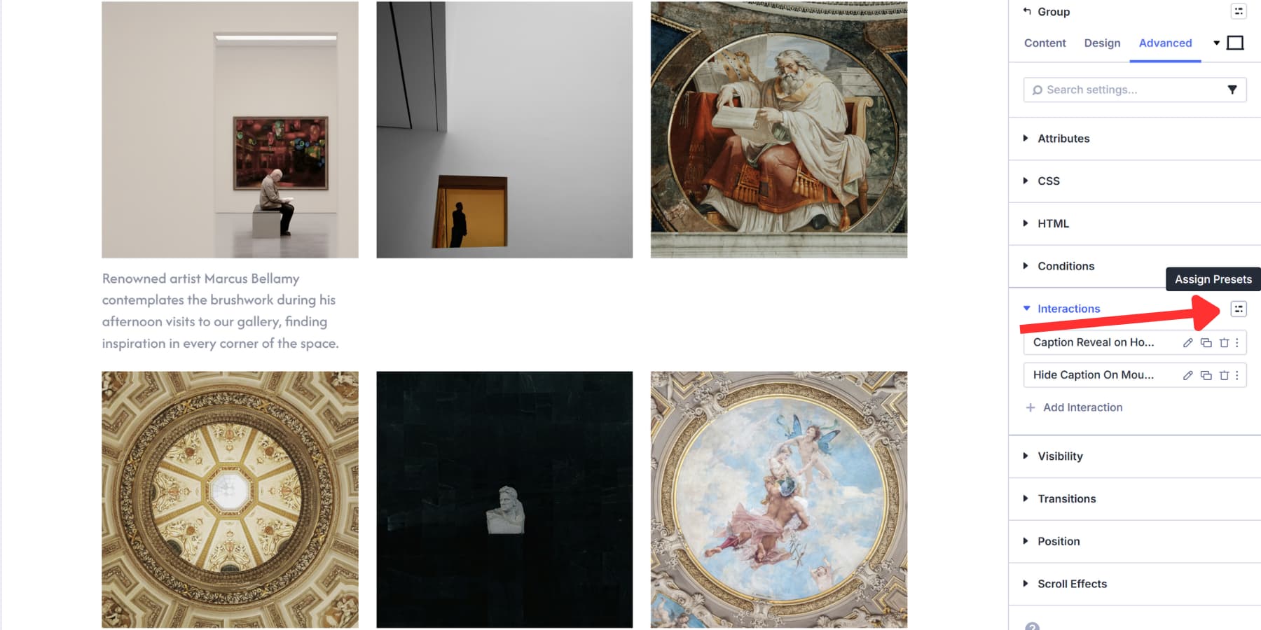 A screenshot of how to create an option group preset for Interactions in Divi 5