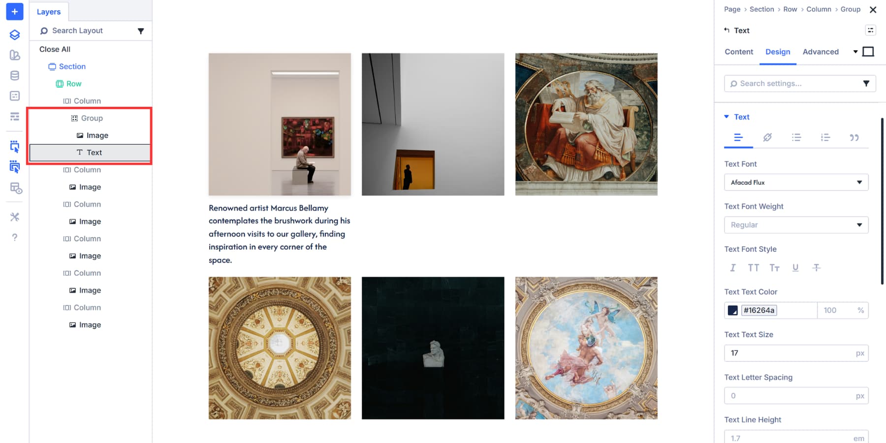 A screenshot of how to use the module group to group the gallery grid image as well as a caption