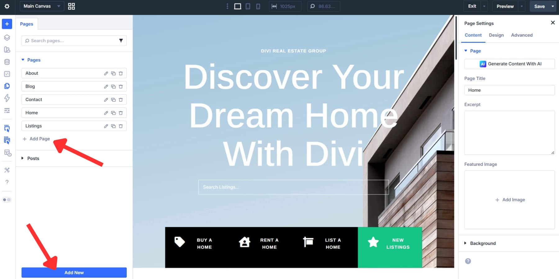 A screenshot of the add page or add new button in page manager in Divi 5